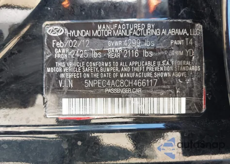 2012 Hyundai Sonata Limited z USA, uszkodzony, nr VIN 5NPEC4AC8CH466117